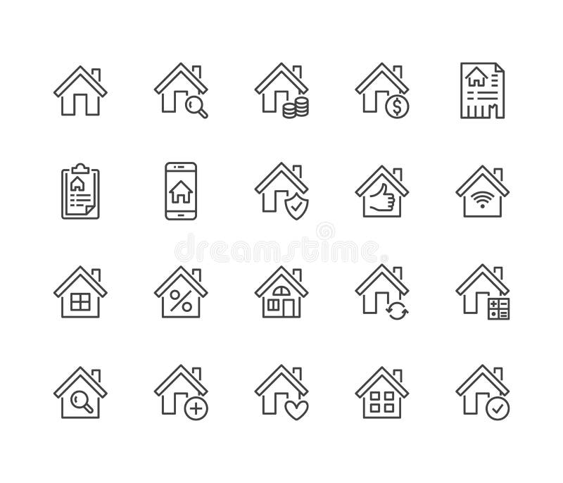 Geplaatste pictogrammen van de onroerende goederende vlakke lijn Huisverkoop, huisverzekering, hypotheekcalculator, flatonderzoek