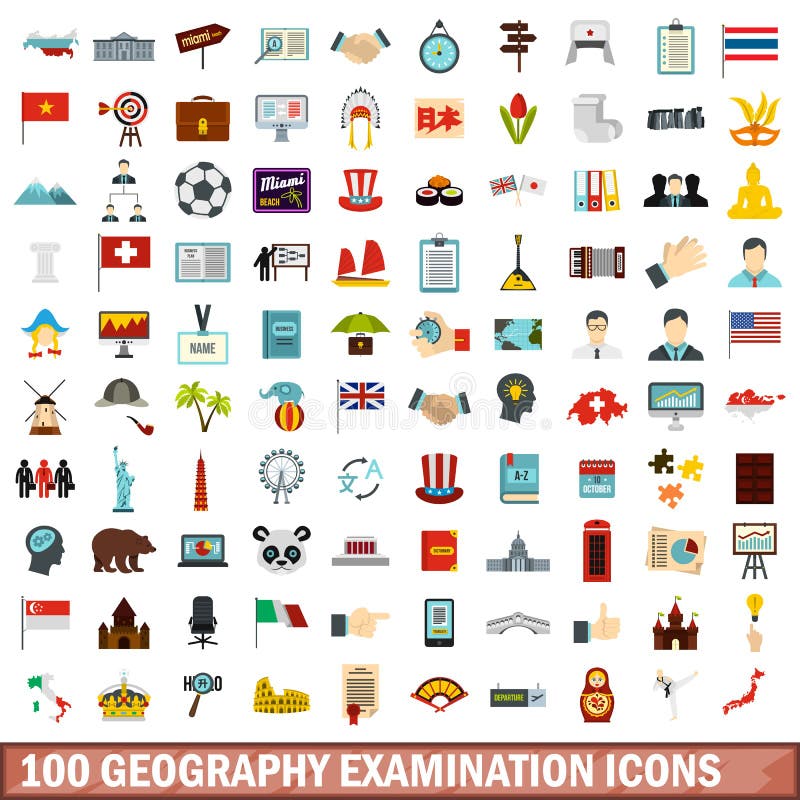 100 geplaatste pictogrammen van het aardrijkskundeonderzoek, vlakke stijl vector illustratie 100 geplaatste pictogrammen van het aardrijkskundeonderzoek, vlakke stijl vector illustratie