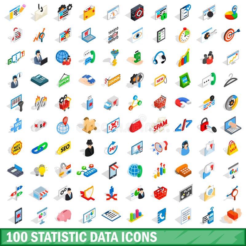 100 geplaatste pictogrammen van statistiekgegevens, isometrische 3d stijl vector illustratie 100 geplaatste pictogrammen van statistiekgegevens, isometrische 3d stijl vector illustratie