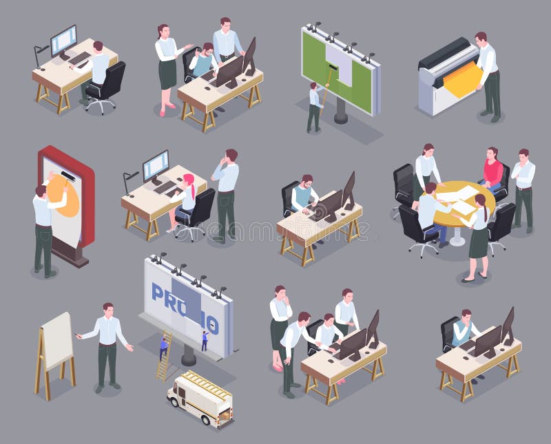 Geplaatste Reclamebureau Isometrische Pictogrammen stock illustratie Geplaatste Reclamebureau Isometrische Pictogrammen stock illustratie