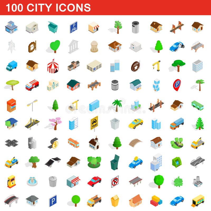 100 geplaatste stadspictogrammen, isometrische 3d stijl vector illustratie 100 geplaatste stadspictogrammen, isometrische 3d stijl vector illustratie