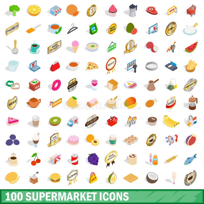 100 geplaatste supermarktpictogrammen, isometrische 3d stijl stock illustratie 100 geplaatste supermarktpictogrammen, isometrische 3d stijl stock illustratie