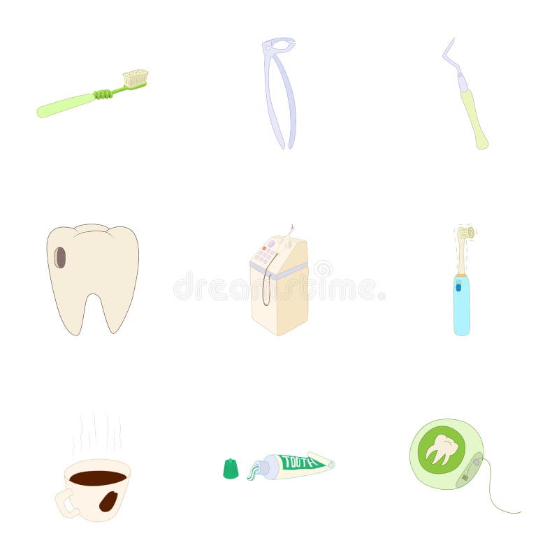 Geplaatste tandheelkundepictogrammen, beeldverhaalstijl stock illustratie Geplaatste tandheelkundepictogrammen, beeldverhaalstijl stock illustratie