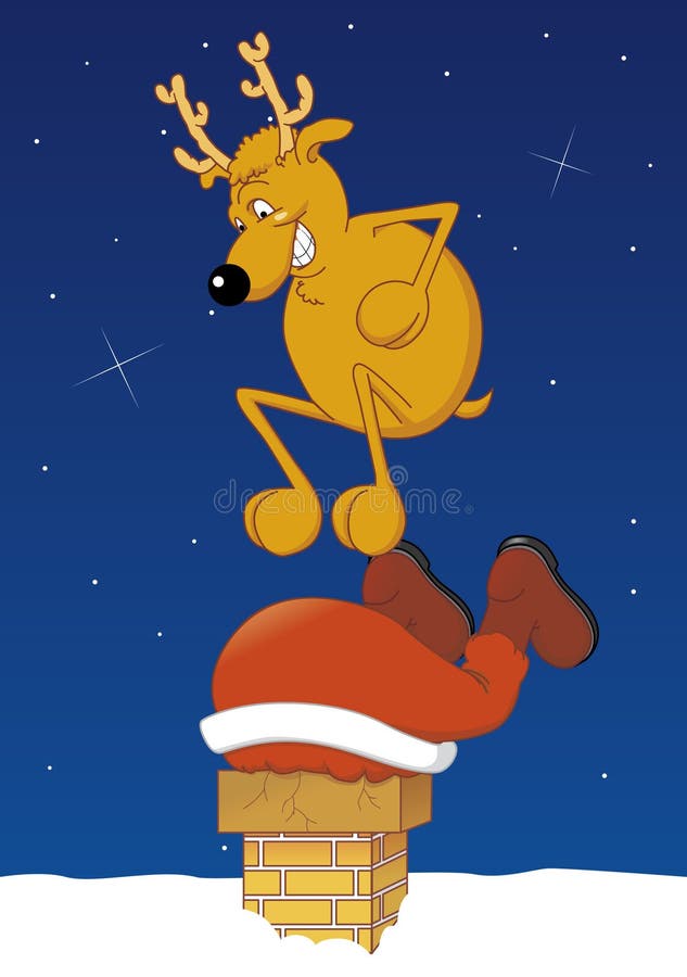 Geplakte santa van het rendier duwen in de schoorsteen vector illustratie Geplakte santa van het rendier duwen in de schoorsteen vector illustratie
