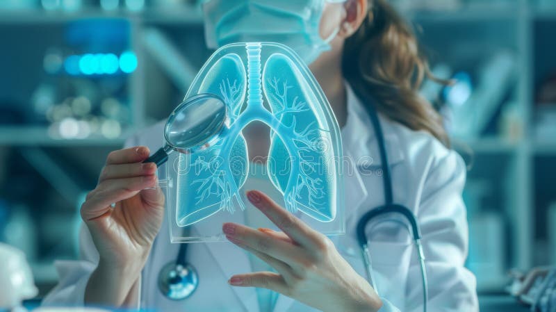 Medical education concept with loupe magnifying lungs in 3D human model. Stethoscope wearing woman sitting at table with a stethoscope. High quality image. AI generated. Medical education concept with loupe magnifying lungs in 3D human model. Stethoscope wearing woman sitting at table with a stethoscope. High quality image. AI generated
