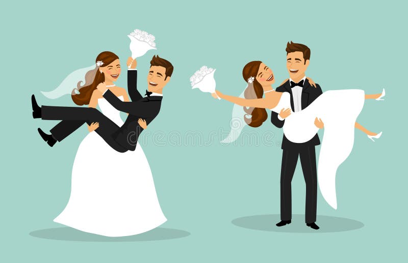 Gerade verheiratetes Paar, Braut und Bräutigam tragen sich nach Hochzeitszeremonie