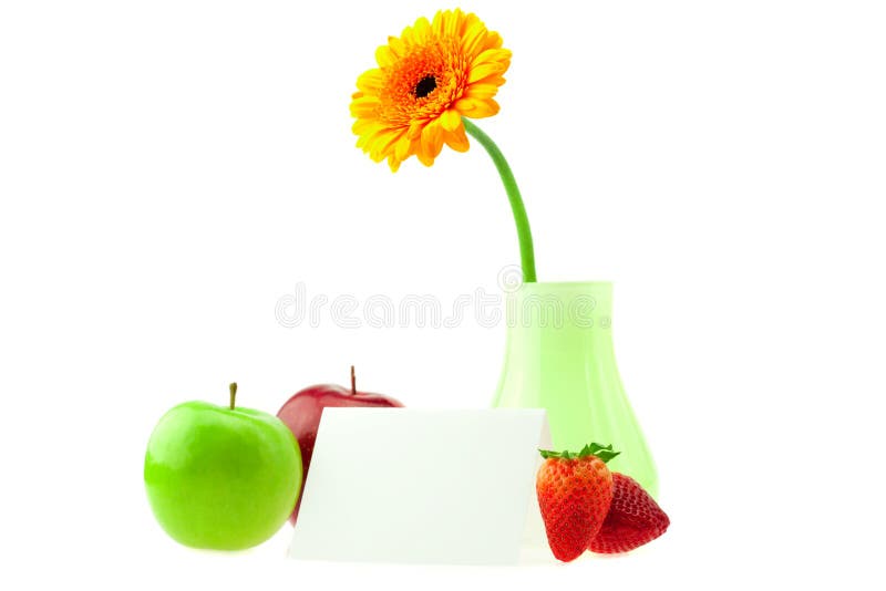 Gerbera in una cartolina delle mele del vaso immagine stock libera da diritti Gerbera in una cartolina delle mele del vaso immagine stock libera da diritti