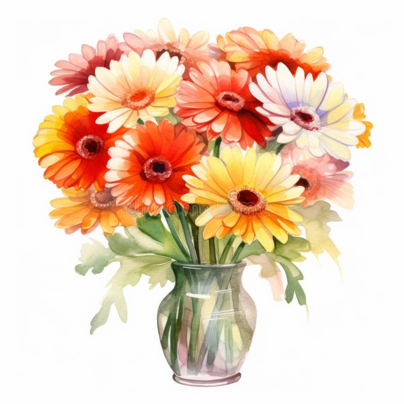 Gerberas coloridas en jarrón acuático cuadros realistas ilustración del vector