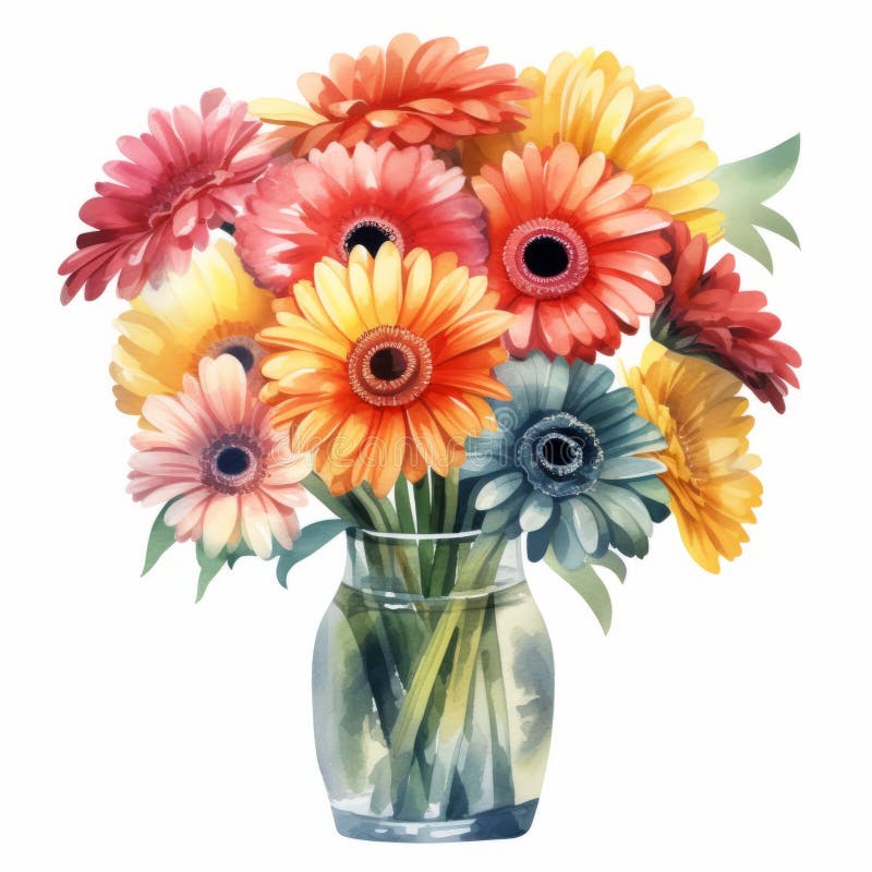 Gerberas coloridas en jarrón : arte de clip de acuarela realista ilustración del vector