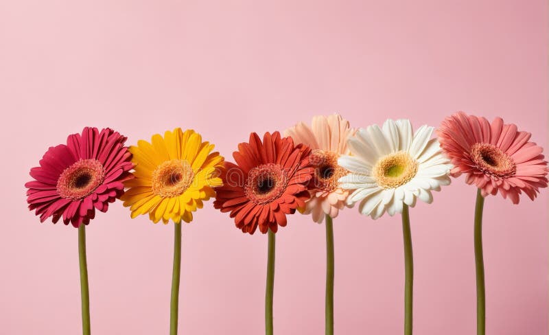 Gerberas coloridas sobre fondo rosa stock de ilustración