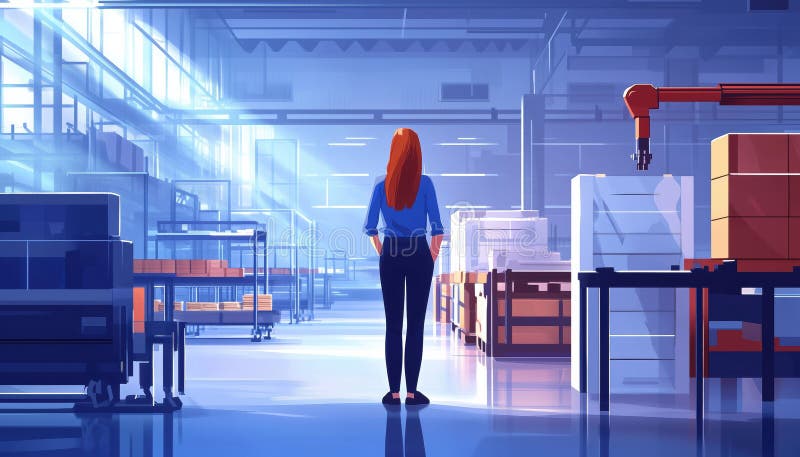 Gerente De Proyecto En Una Fábrica Industrial Contemporánea Con Robótica foto de archivo