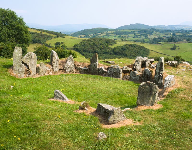 Neolithic court cairn and burial chamber on a hillside at Ballymacdermot, County Armagh, Northern Ireland. Neolithic court cairn and burial chamber on a hillside at Ballymacdermot, County Armagh, Northern Ireland