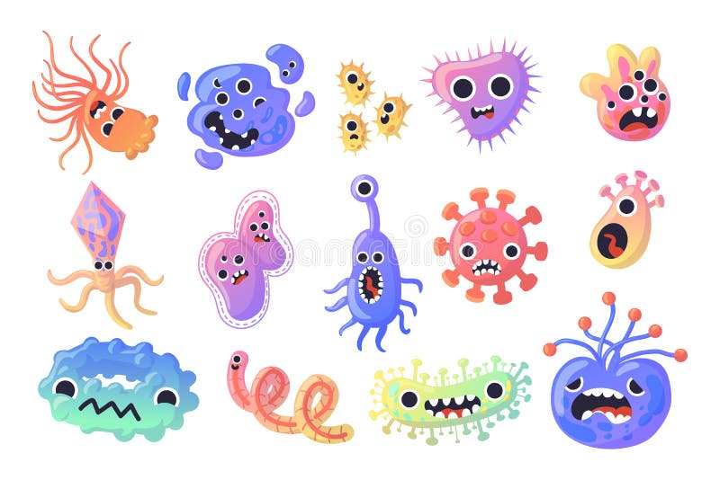Germ character. Cartoon virus or microbe cell with funny faces. Caricature flu disease bacteria. Microscopic monsters vector illustration