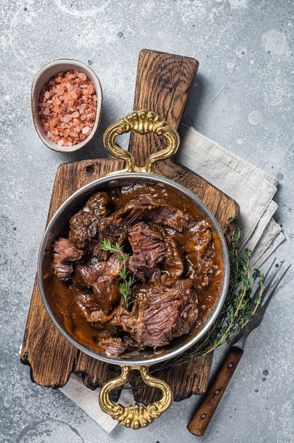 German Braised Beef Cheeks in Brown Red Wine Sauce. Gray Background Stock Photo Image of steak