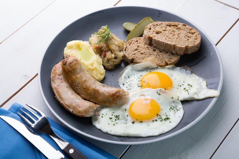 German Breakfast on a Grey Plate Stock Image Image of croutons