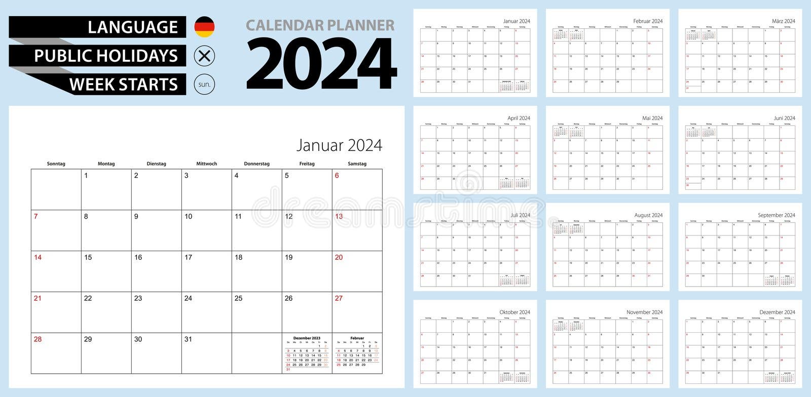 GERMAN 2024 Calendar. Printable, Editable Vector Illustration for