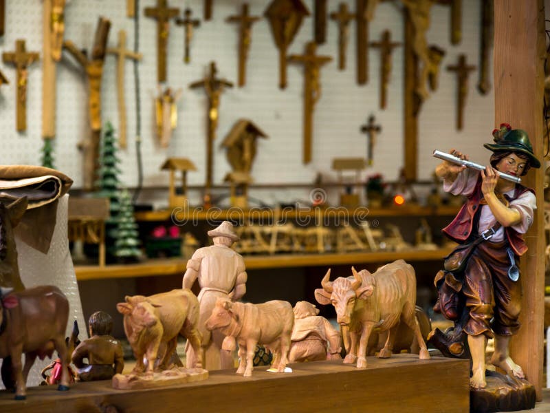 German carpenters shop, making traditional wooden toys and statues, Oberammergau, Germany.