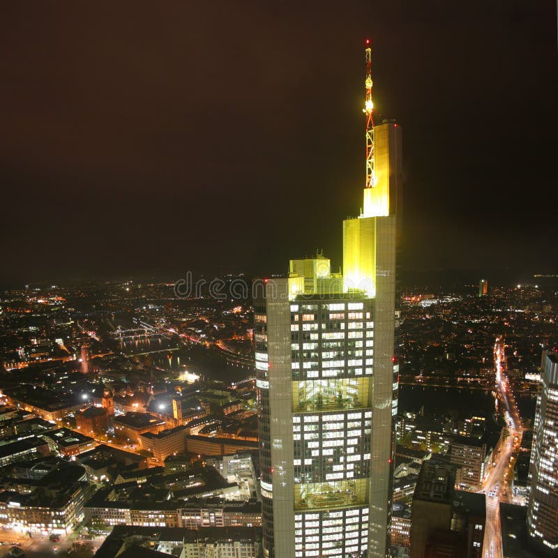 German city Frankfurt â€“ Commerzbank tower and European central bank seen from Maintower. German city Frankfurt â€“ Commerzbank tower and European central bank seen from Maintower