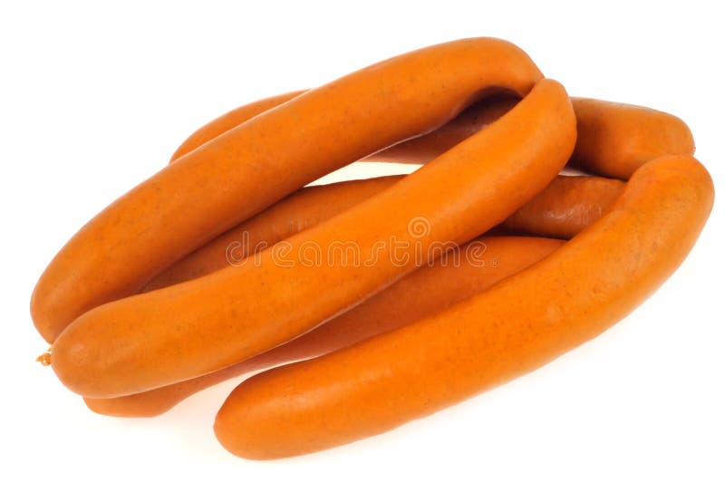Strings of Frankfurter Sausages on a White Background Stock Image