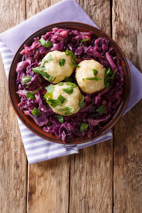 German Food Knodel Potato Dumplings and Stewed Red Cabbage Close Stock ...