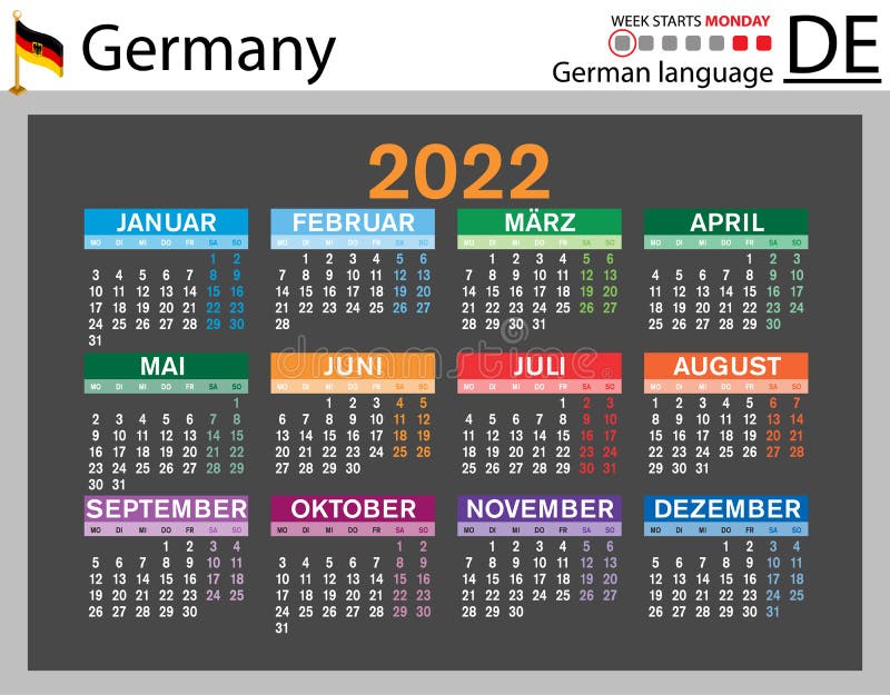 German Calendar 2022 German Horizontal Pocket Calendar For 2022. Week Starts Monday Stock Vector  - Illustration Of Card, Schedule: 229478990