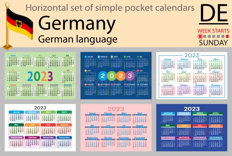 German Horizontal Pocket Calendar for 2023. Week Starts Sunday Stock