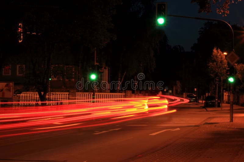  German  Night  City  Street With Green Traffic Light  Stock 
