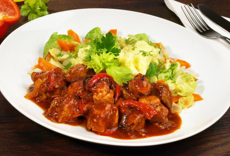 Pork Goulash with Vegetables and Mashed Potatoes Stock Image Image of