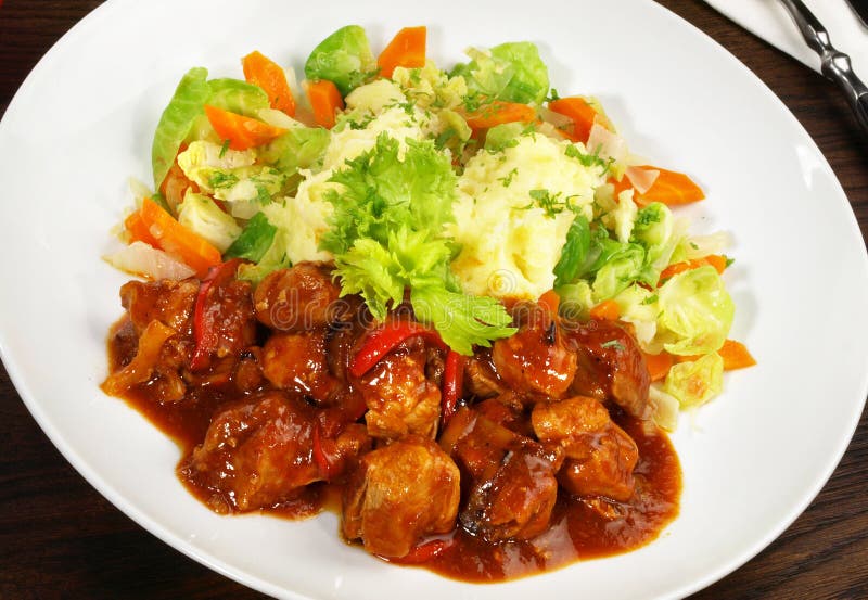 Fine Meat German Pork Goulash with Noodles and Mashed Potatoes Stock