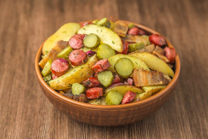 German Potato Salad with Bacon and Sausages Stock Image Image of