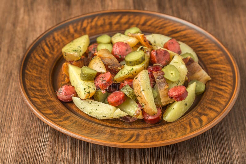 German Potato Salad with Bacon and Sausages Stock Image Image of