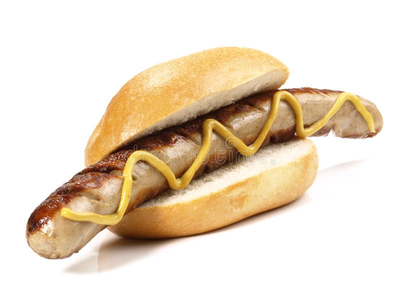 German Sausage in a Bun Isolated on White Background Stock Photo