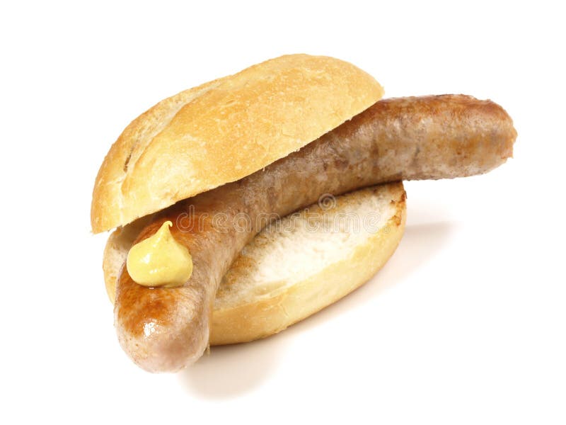 German Sausage in a Bun Isolated on White Background Stock Photo