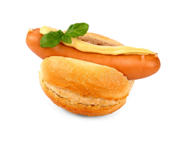 German Sausage with Bun, Mustard and Basil Stock Photo Image of