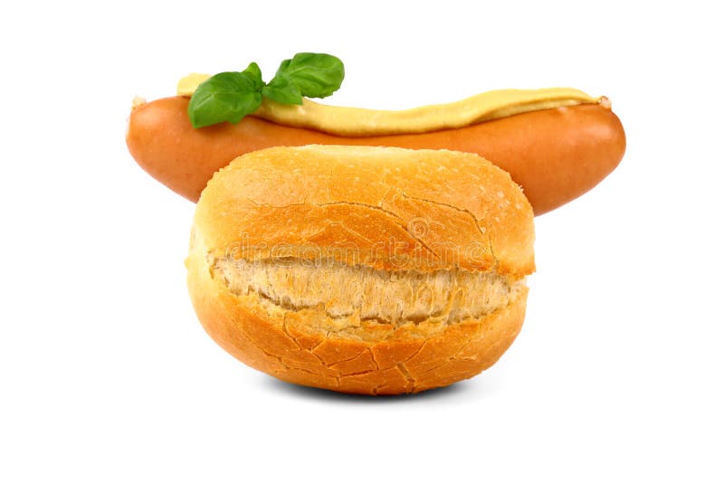 German Sausage with Bun, Mustard and Basil Stock Photo Image of