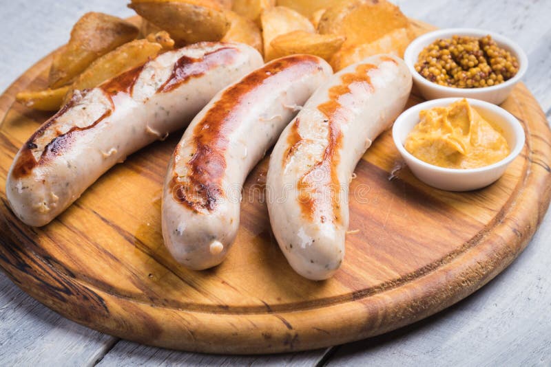 German Sausages with Mostard and Fried Potato Stock Image Image of