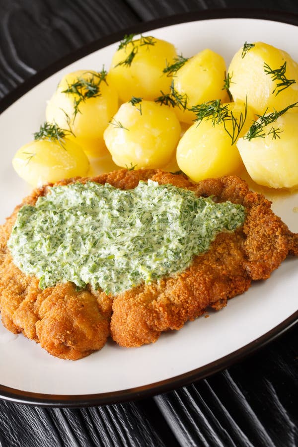 German Schnitzel with Boiled Potatoes and Frankfurt Green Sauce Close ...