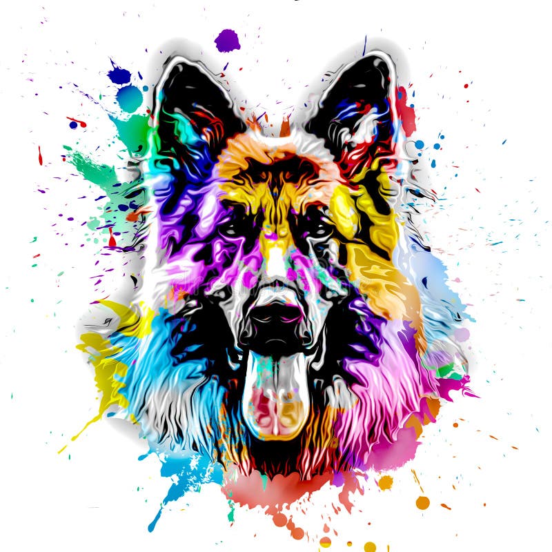 Bright abstract colorful background German Shepherd Dog`s head illustration on background with colorful creative elements