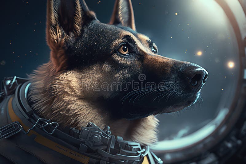 German Shepherd Dressed As an Astronaut in Space. AI Generative Stock