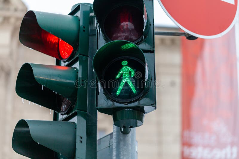 Red German Traffic Light with Green Arrow Light Up Allow by Law To Turn