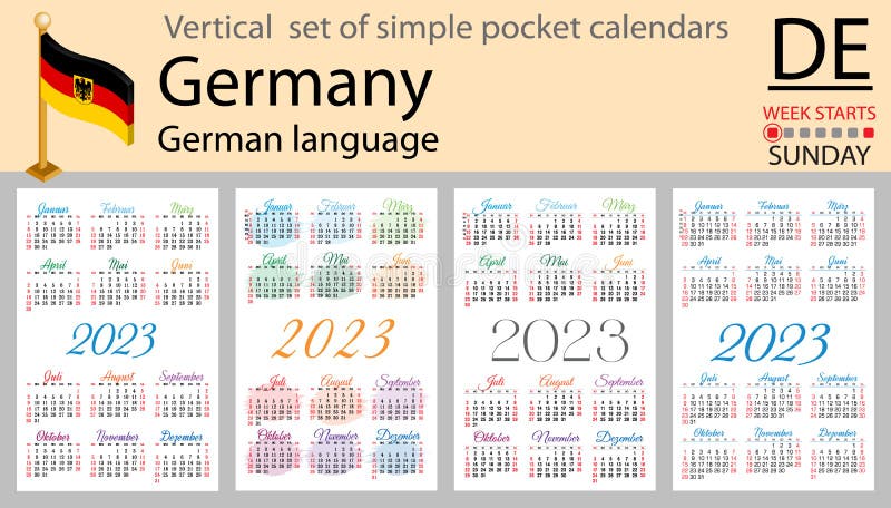 German Vertical Pocket Calendar for 2023. Week Starts Sunday Stock