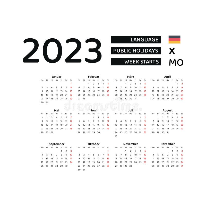 Germany Calendar 2023. Week Starts from Monday. Vector Graphic Design