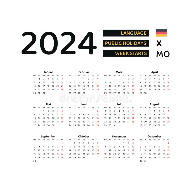Germany Calendar 2024. Week Starts from Monday. Vector Graphic Design