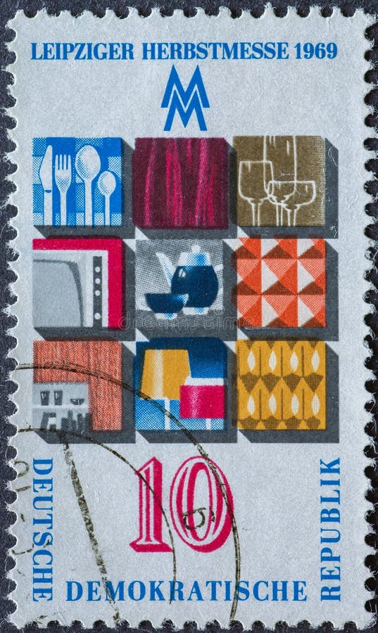 GERMANY, DDR - CIRCA 1969: a postage stamp from Germany, GDR showing layout of products in graphic representation. Text: Leipzig A stock image