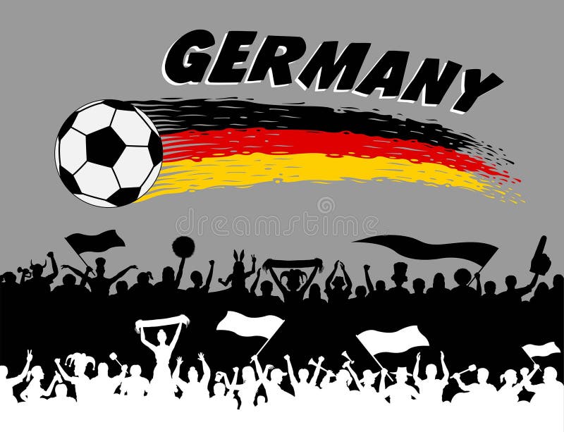 Germany flag colors with soccer ball and German supporters silhouettes stock illustration