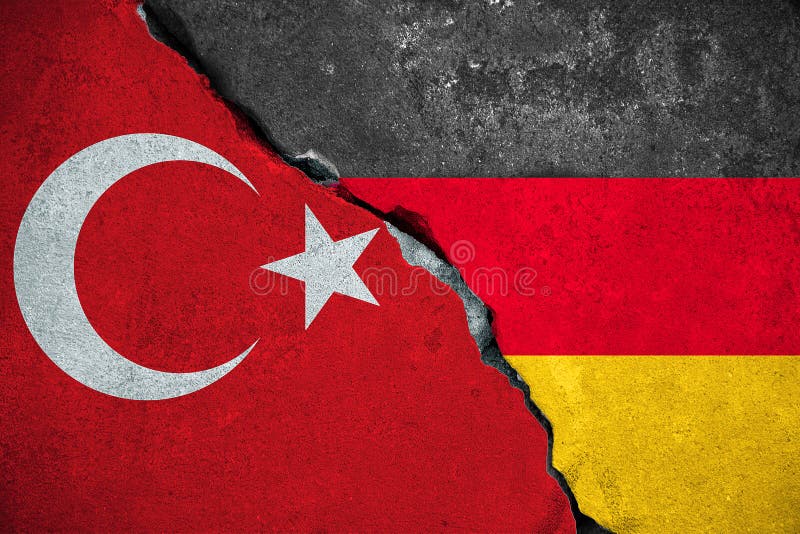 Germany vs turkey, red turkey flag on broken damage brick wall and half germany flag background, relationship crisis politics war diplomacy, between german and turkey concept