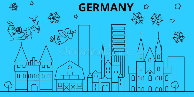 Germany Winter Holidays Skyline. Merry Christmas, Happy New Year Decorated Banner With Santa ...