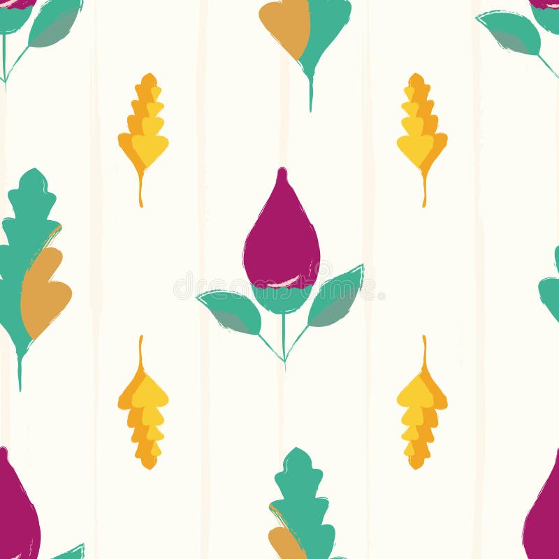 Germogli di fiore porpora disegnati a mano moderni e foglie multicolori Modello senza cuciture di vettore sul fondo a strisce di illustrazione di stock Germogli di fiore porpora disegnati a mano moderni e foglie multicolori Modello senza cuciture di vettore sul fondo a strisce di illustrazione di stock