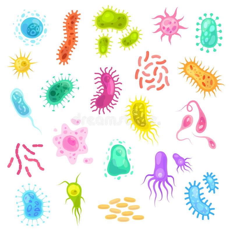 Germs set. Colorful flu virus cells biological microbes amoeba epidemiology bacteria disease germ flu cell science set