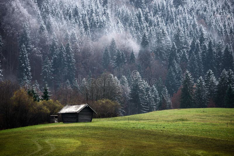 Geroldseebos tijdens de herfstdag met eerste sneeuw en mist over bomen, Beierse Alpen, Beieren, Duitsland royalty-vrije stock fotografie Geroldseebos tijdens de herfstdag met eerste sneeuw en mist over bomen, Beierse Alpen, Beieren, Duitsland royalty-vrije stock fotografie